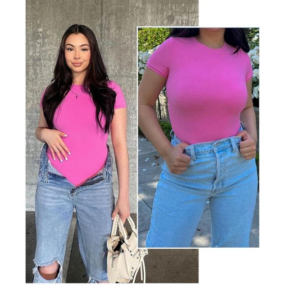 SHAPERX Women's Fit Everybody Bodysuit Soft Crew Neck T-shirt Body Suits with Th - Picture 4 of 7